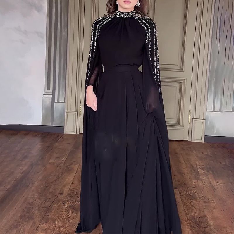 Crystal Cascade Cape Gown | Dramatic Embellished Evening Abay(MA345)
