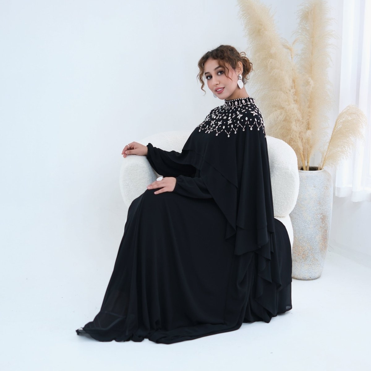 Crystal Embellished Cape Sleeve Chiffon Maxi Dress Set(MS461)