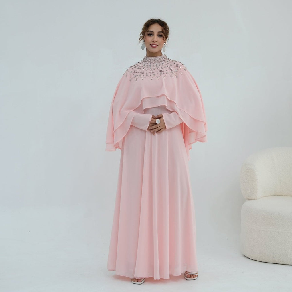 Crystal Embellished Cape Sleeve Chiffon Maxi Dress Set(MS461)
