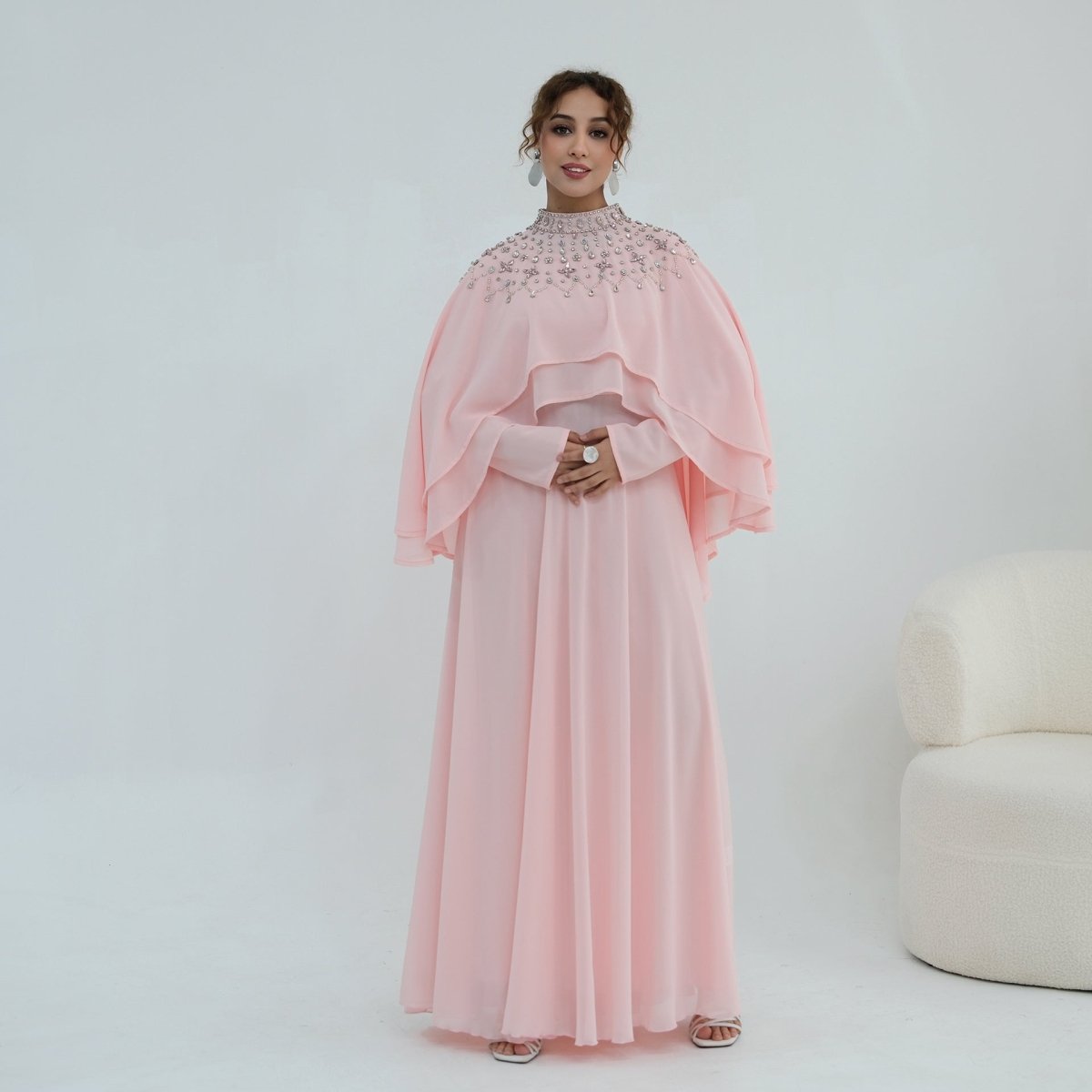 Crystal Embellished Cape Sleeve Chiffon Maxi Dress Set(MS461)