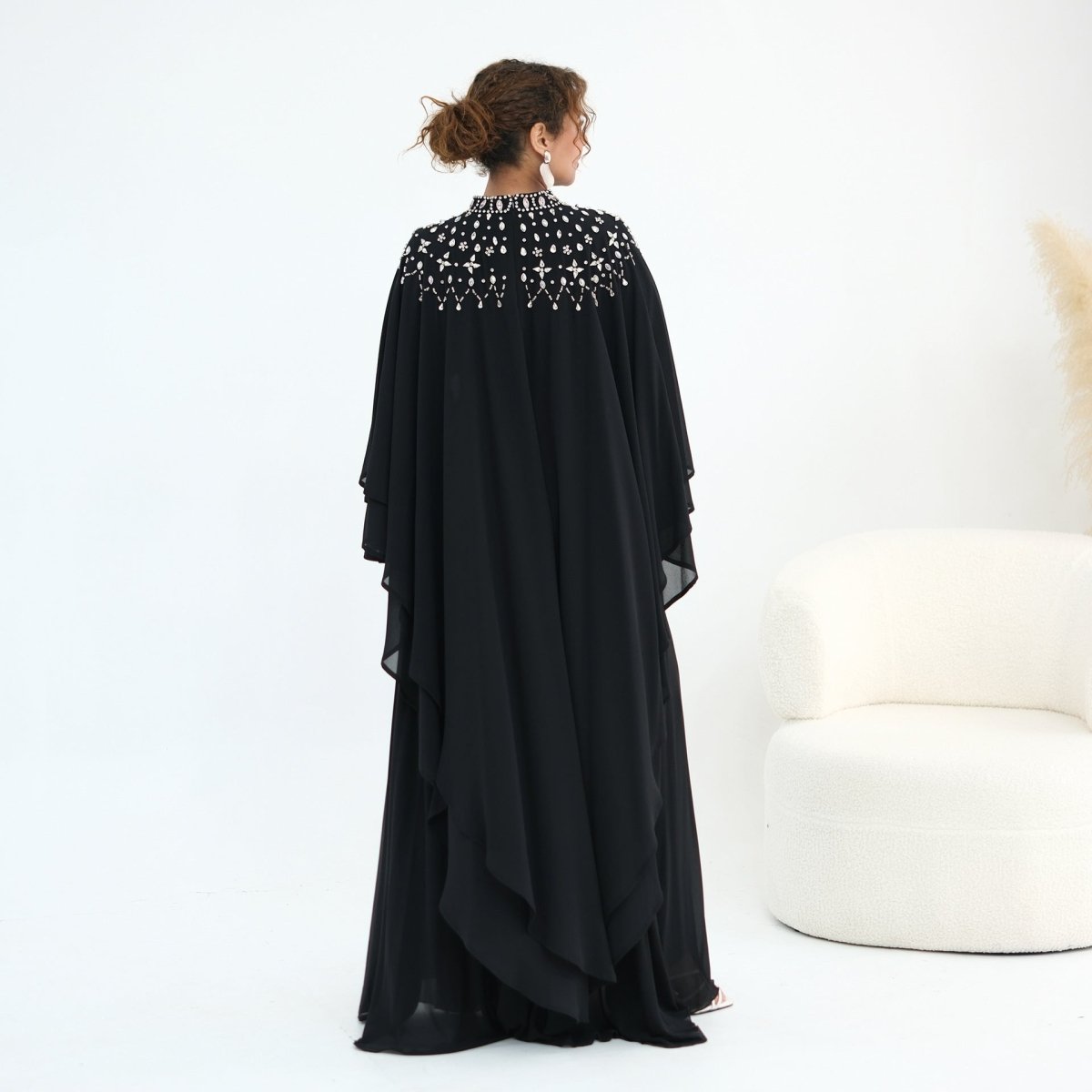 Crystal Embellished Cape Sleeve Chiffon Maxi Dress Set(MS461)