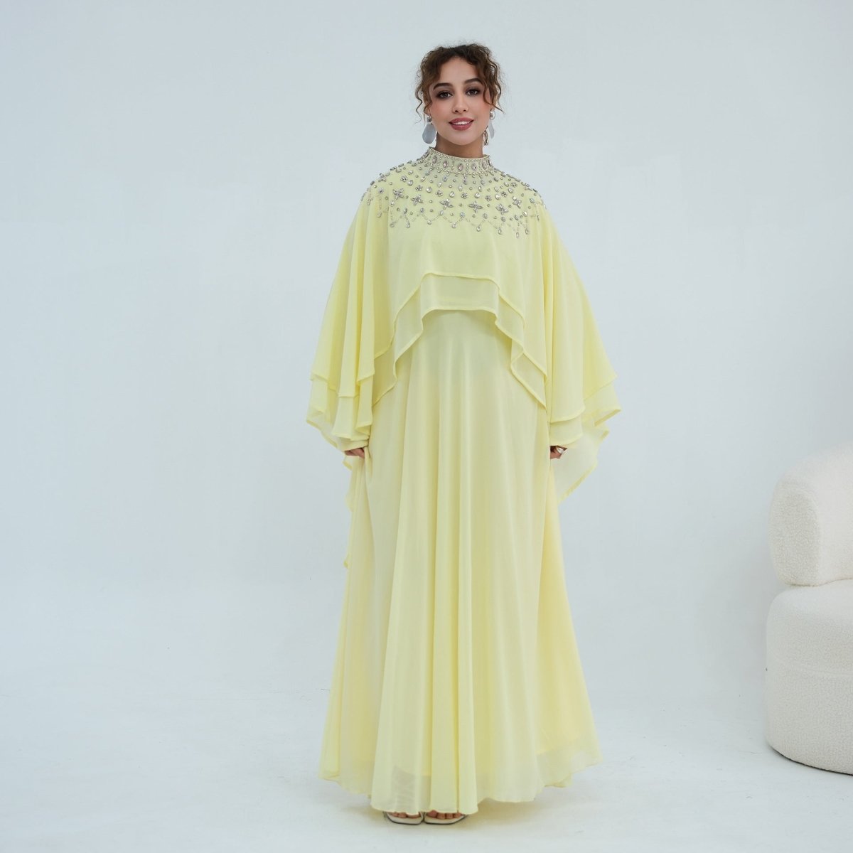 Crystal Embellished Cape Sleeve Chiffon Maxi Dress Set(MS461)