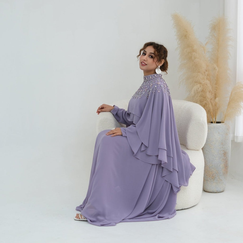 Crystal Embellished Cape Sleeve Chiffon Maxi Dress Set(MS461)