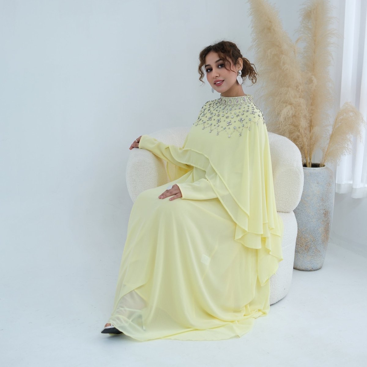 Crystal Embellished Cape Sleeve Chiffon Maxi Dress Set(MS461)