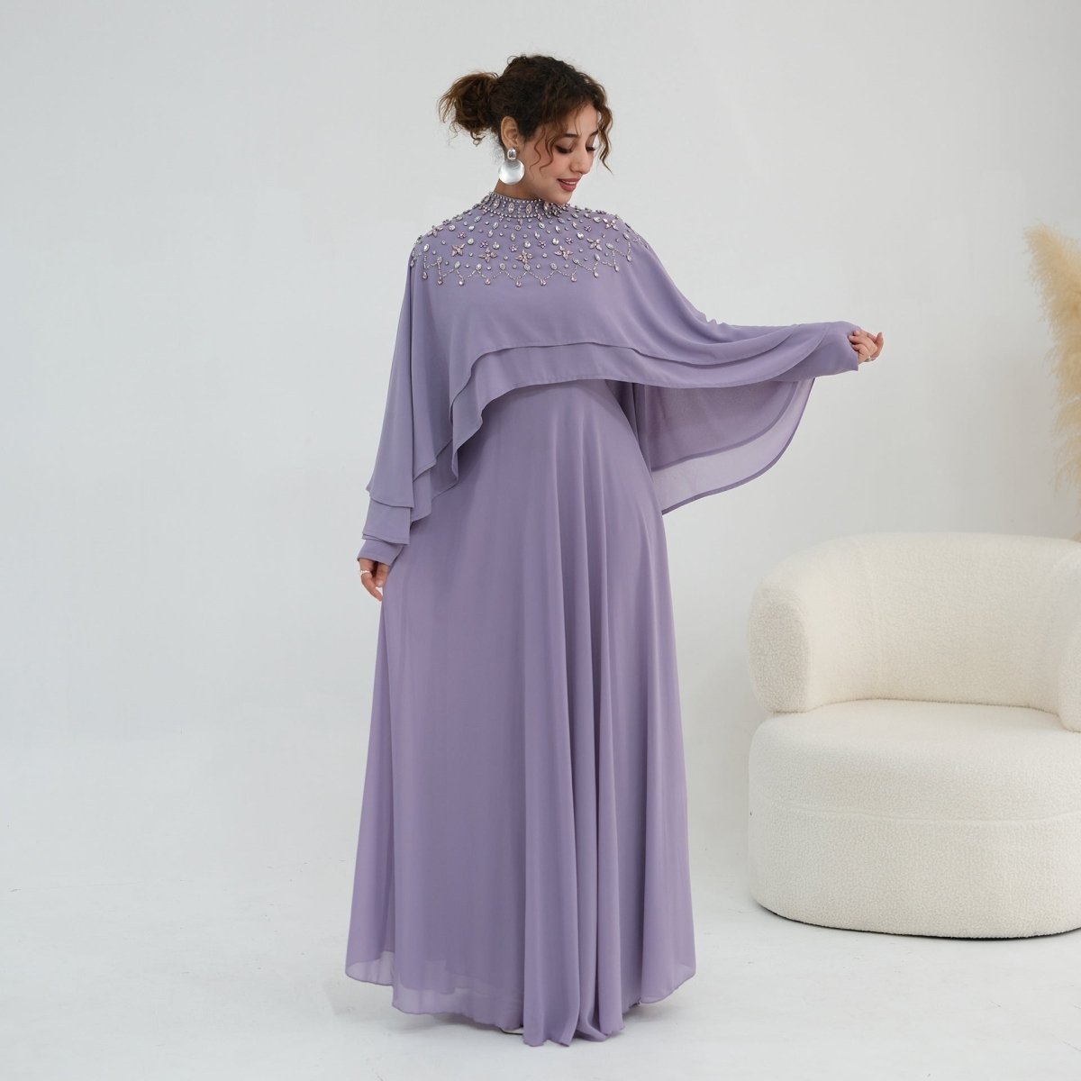 Crystal Embellished Cape Sleeve Chiffon Maxi Dress Set(MS461)