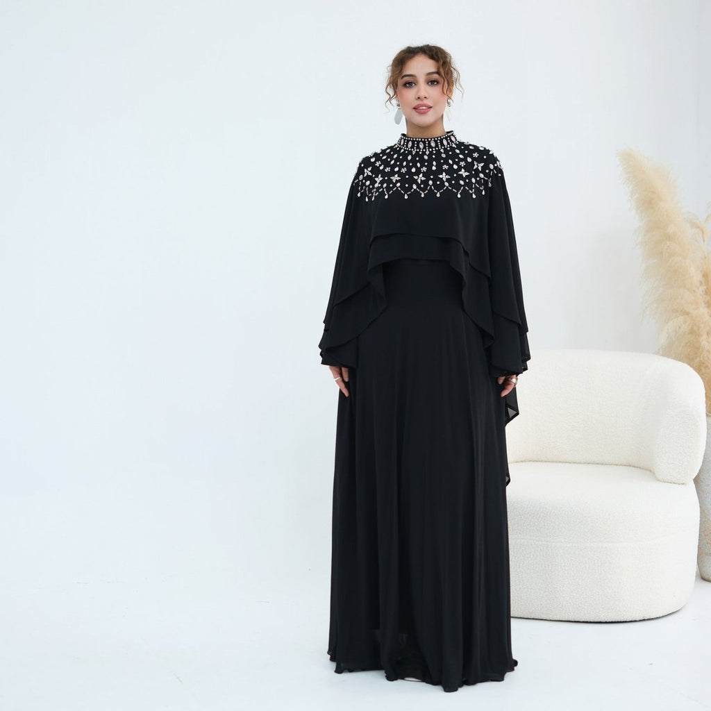 Crystal Embellished Cape Sleeve Chiffon Maxi Dress Set(MS461)