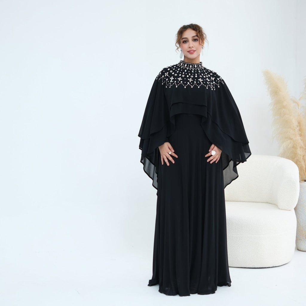 Crystal Embellished Cape Sleeve Chiffon Maxi Dress Set(MS461)