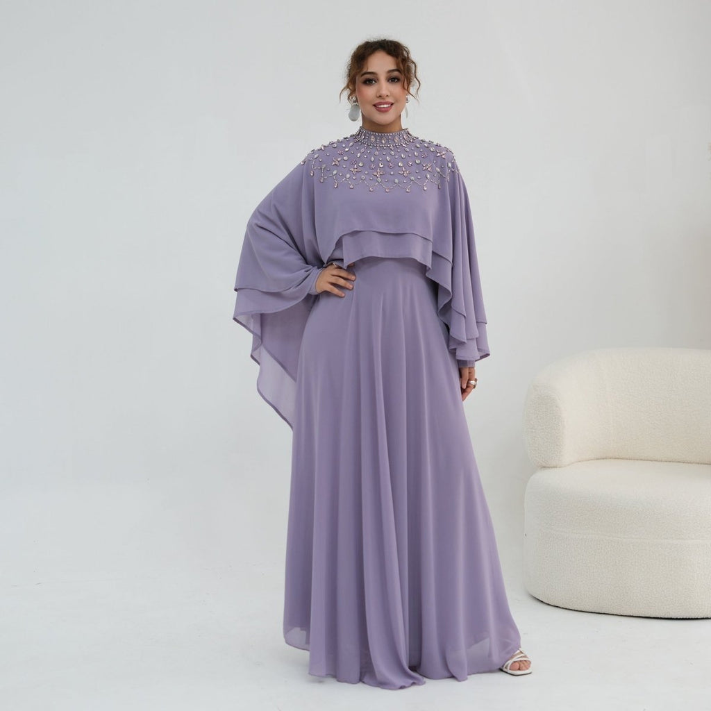 Crystal Embellished Cape Sleeve Chiffon Maxi Dress Set(MS461)