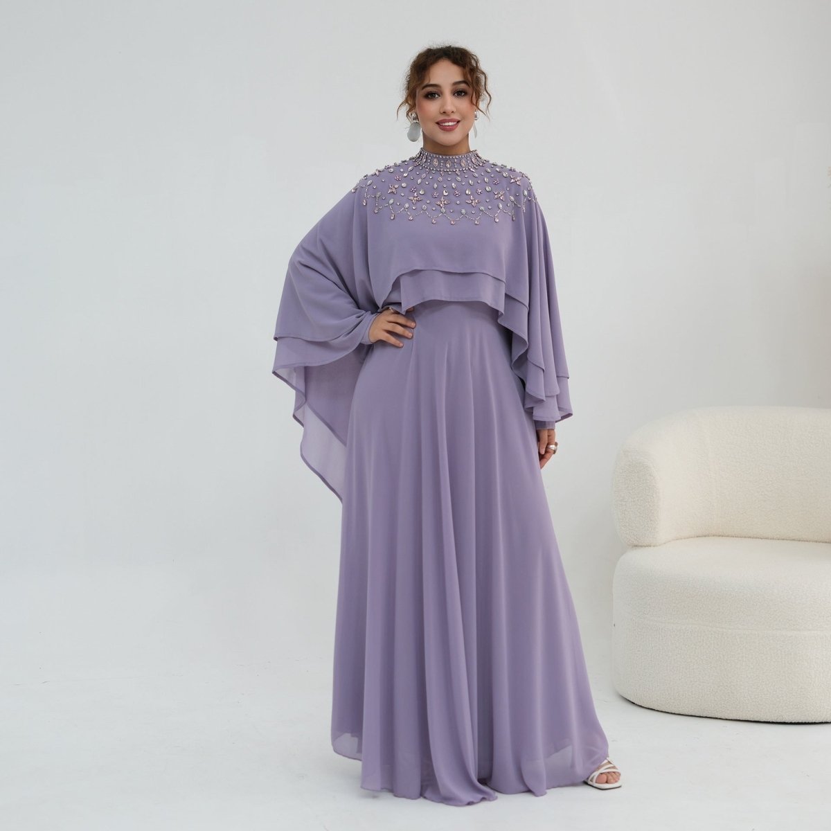 Crystal Embellished Cape Sleeve Chiffon Maxi Dress Set(MS461)