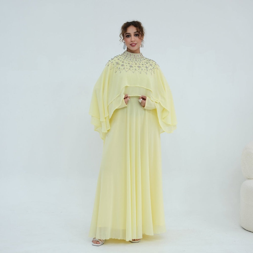 Crystal Embellished Cape Sleeve Chiffon Maxi Dress Set(MS461)