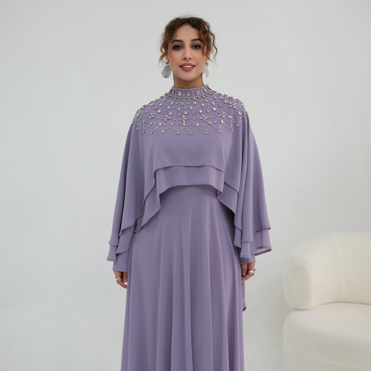 Crystal Embellished Cape Sleeve Chiffon Maxi Dress Set(MS461)