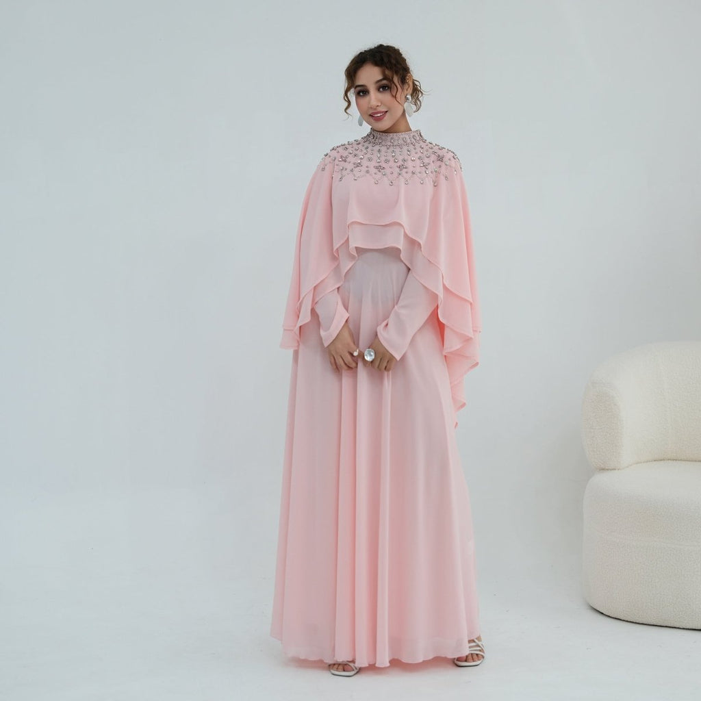 Crystal Embellished Cape Sleeve Chiffon Maxi Dress Set(MS461)