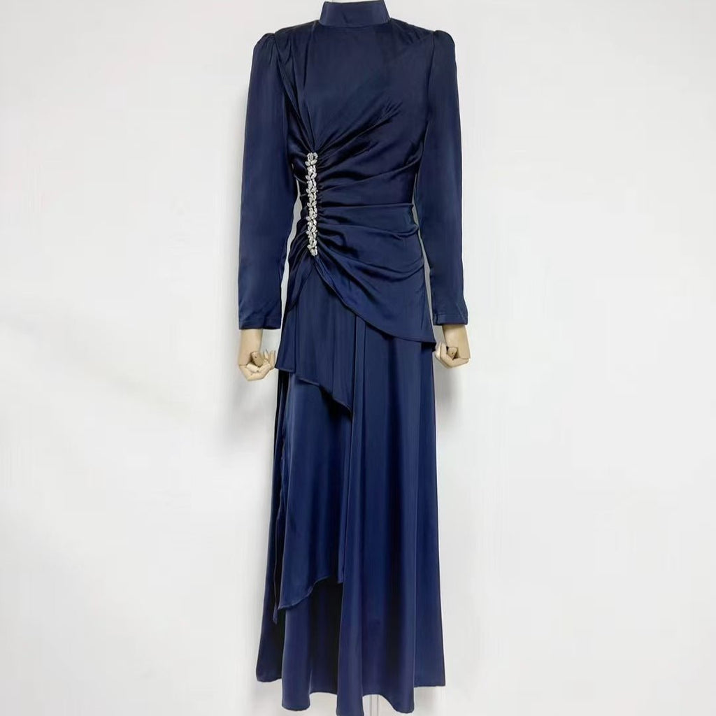 Crystal-Embellished Ruched Dress with Asymmetric Ruffle Skirt(MS346)