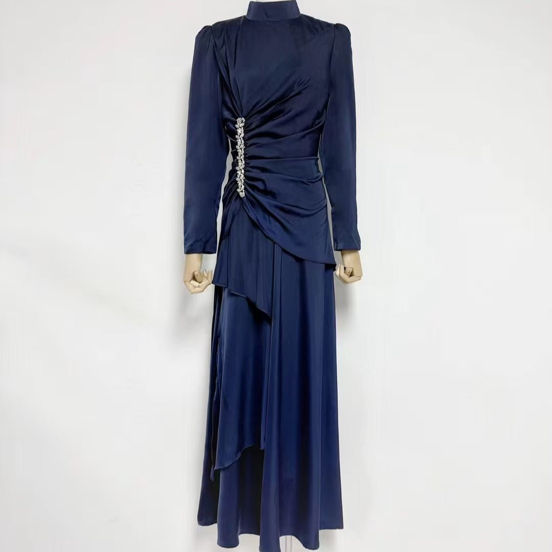 Crystal-Embellished Ruched Dress with Asymmetric Ruffle Skirt(MS346)