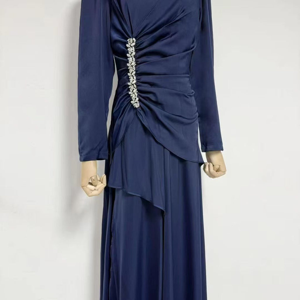 Crystal-Embellished Ruched Dress with Asymmetric Ruffle Skirt(MS346)