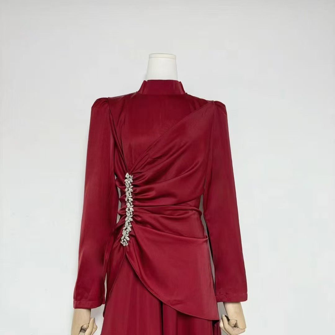 Crystal-Embellished Ruched Dress with Asymmetric Ruffle Skirt(MS346)