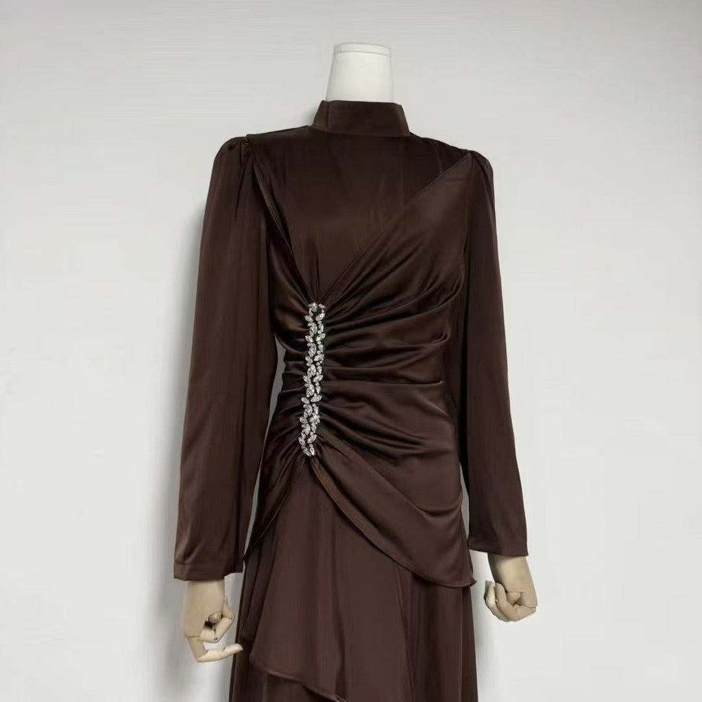 Crystal-Embellished Ruched Dress with Asymmetric Ruffle Skirt(MS346)