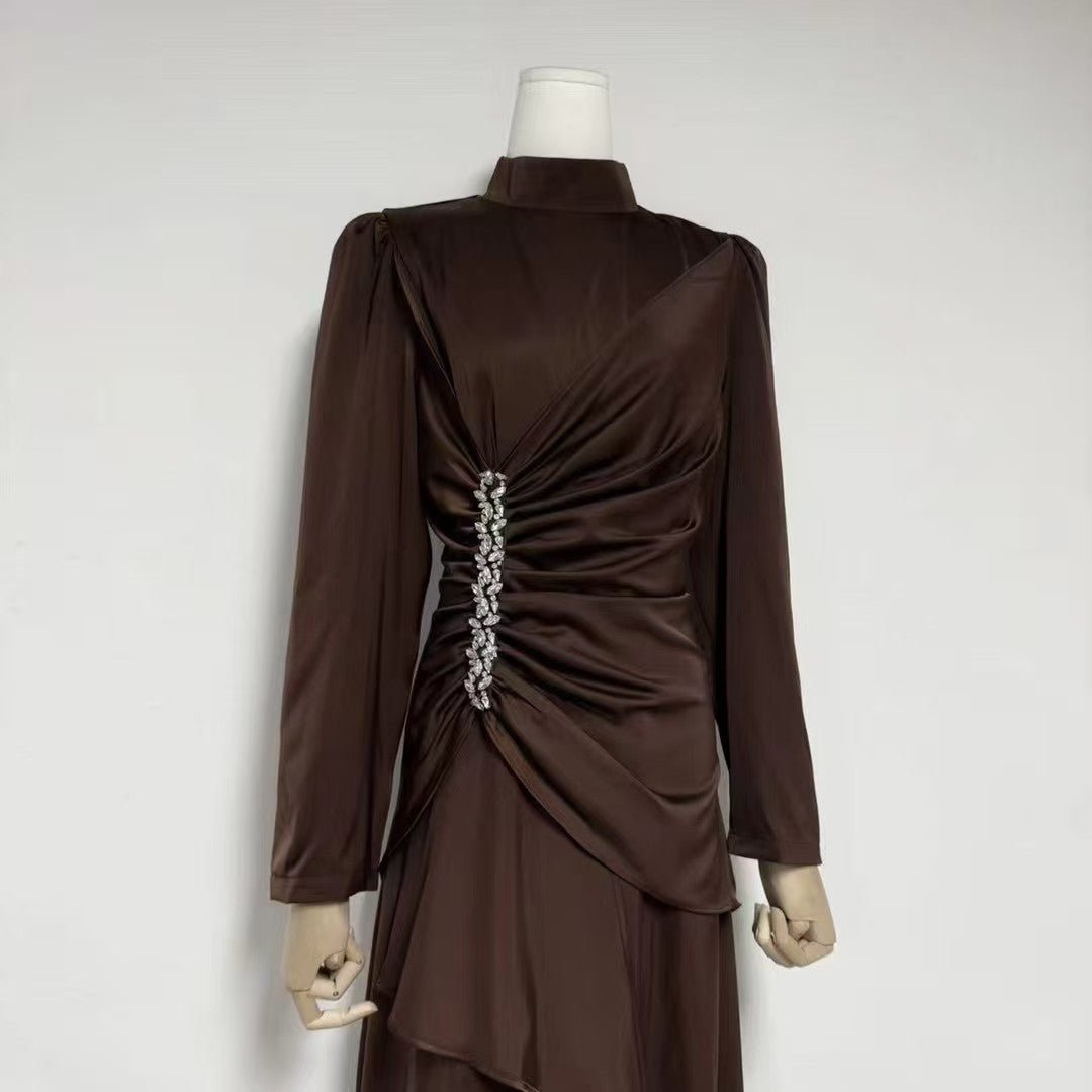 Crystal-Embellished Ruched Dress with Asymmetric Ruffle Skirt(MS346)