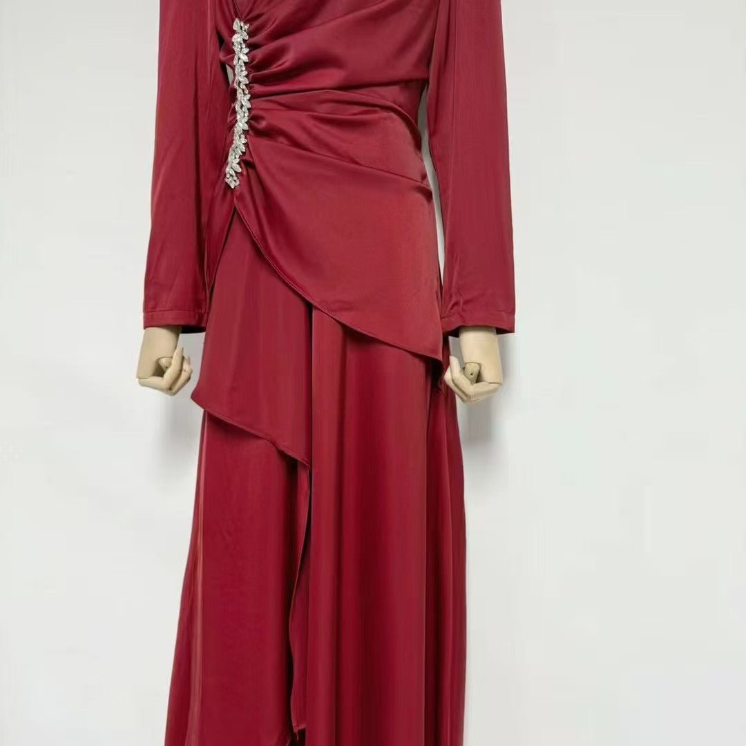 Crystal-Embellished Ruched Dress with Asymmetric Ruffle Skirt(MS346)