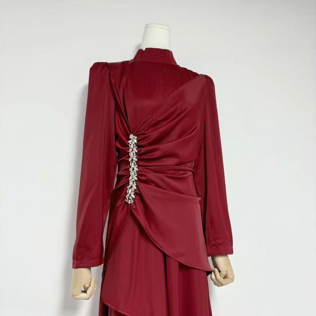 Crystal-Embellished Ruched Dress with Asymmetric Ruffle Skirt(MS346)