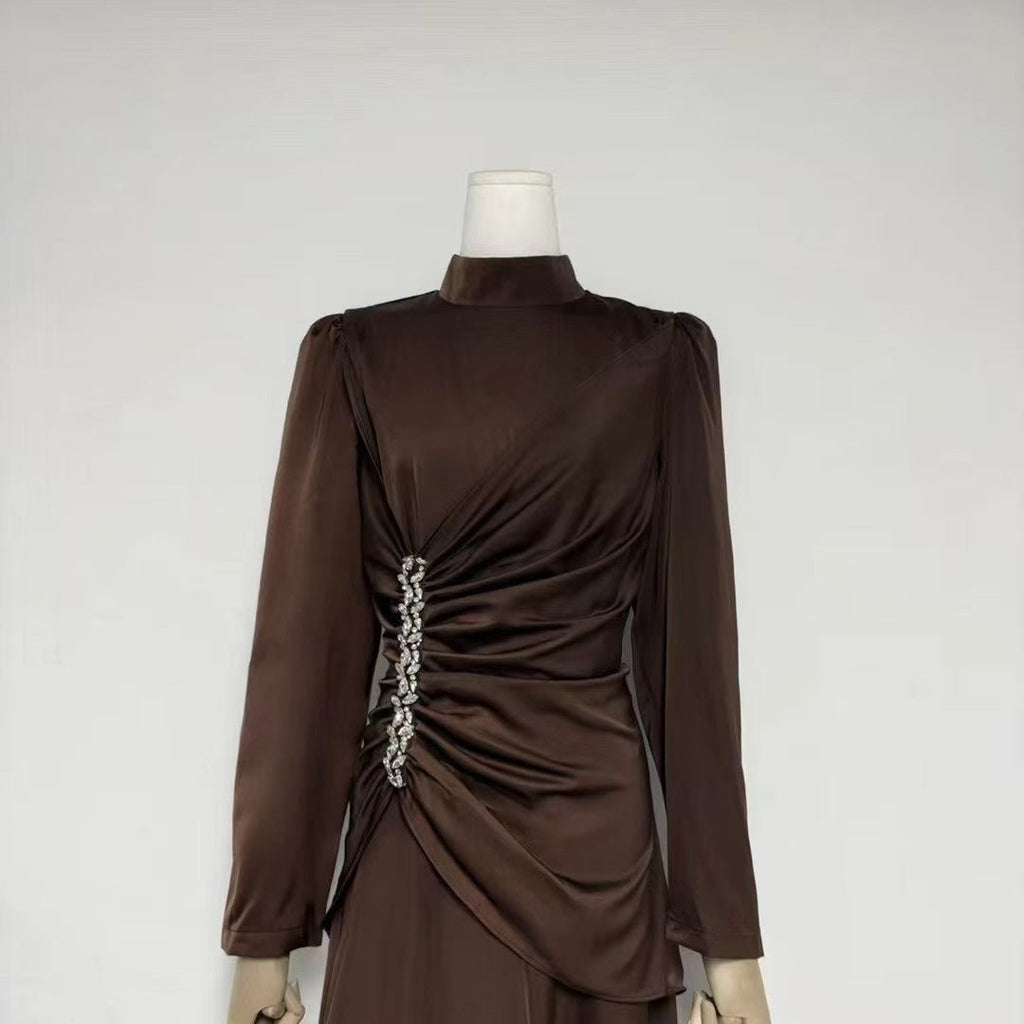Crystal-Embellished Ruched Dress with Asymmetric Ruffle Skirt(MS346)