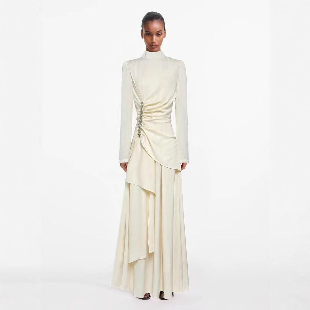 Crystal-Embellished Ruched Dress with Asymmetric Ruffle Skirt(MS346)