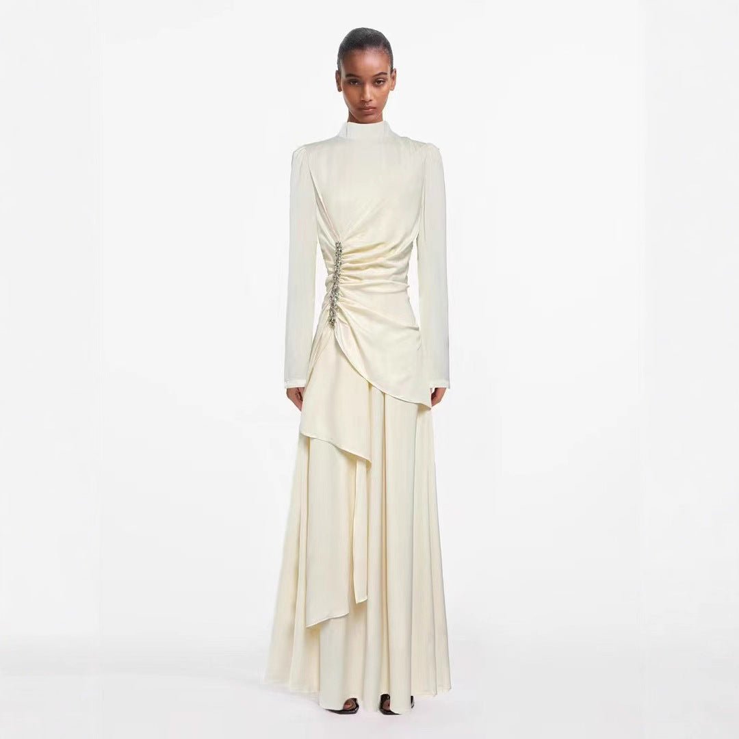 Crystal-Embellished Ruched Dress with Asymmetric Ruffle Skirt(MS346)
