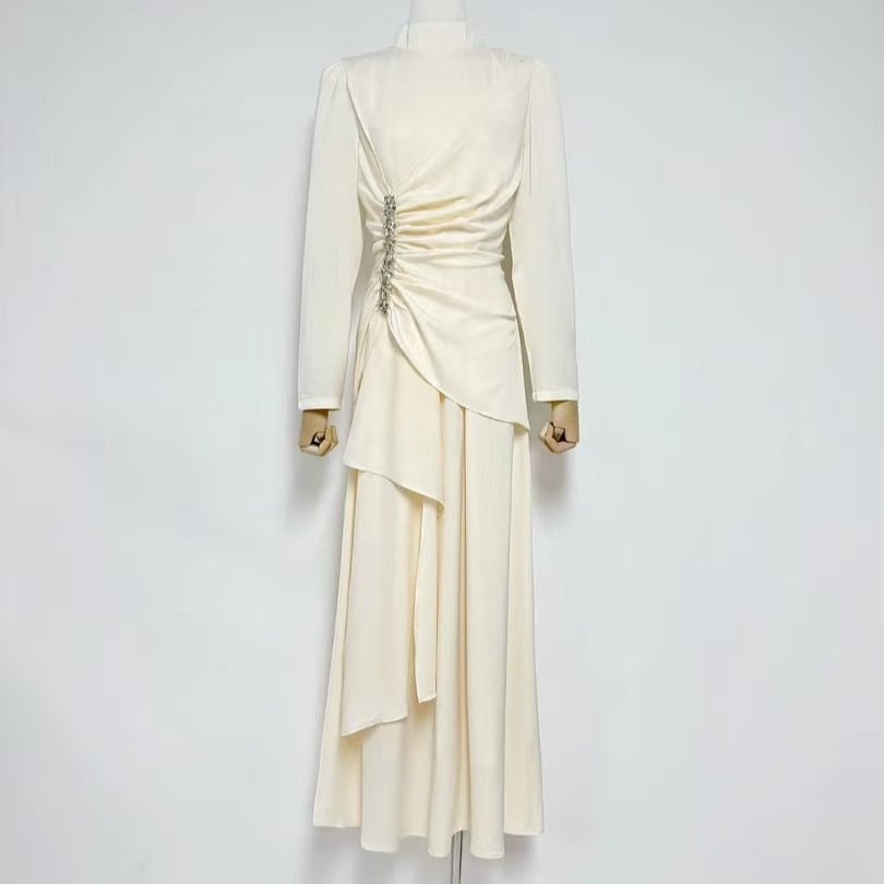 Crystal-Embellished Ruched Dress with Asymmetric Ruffle Skirt(MS346)