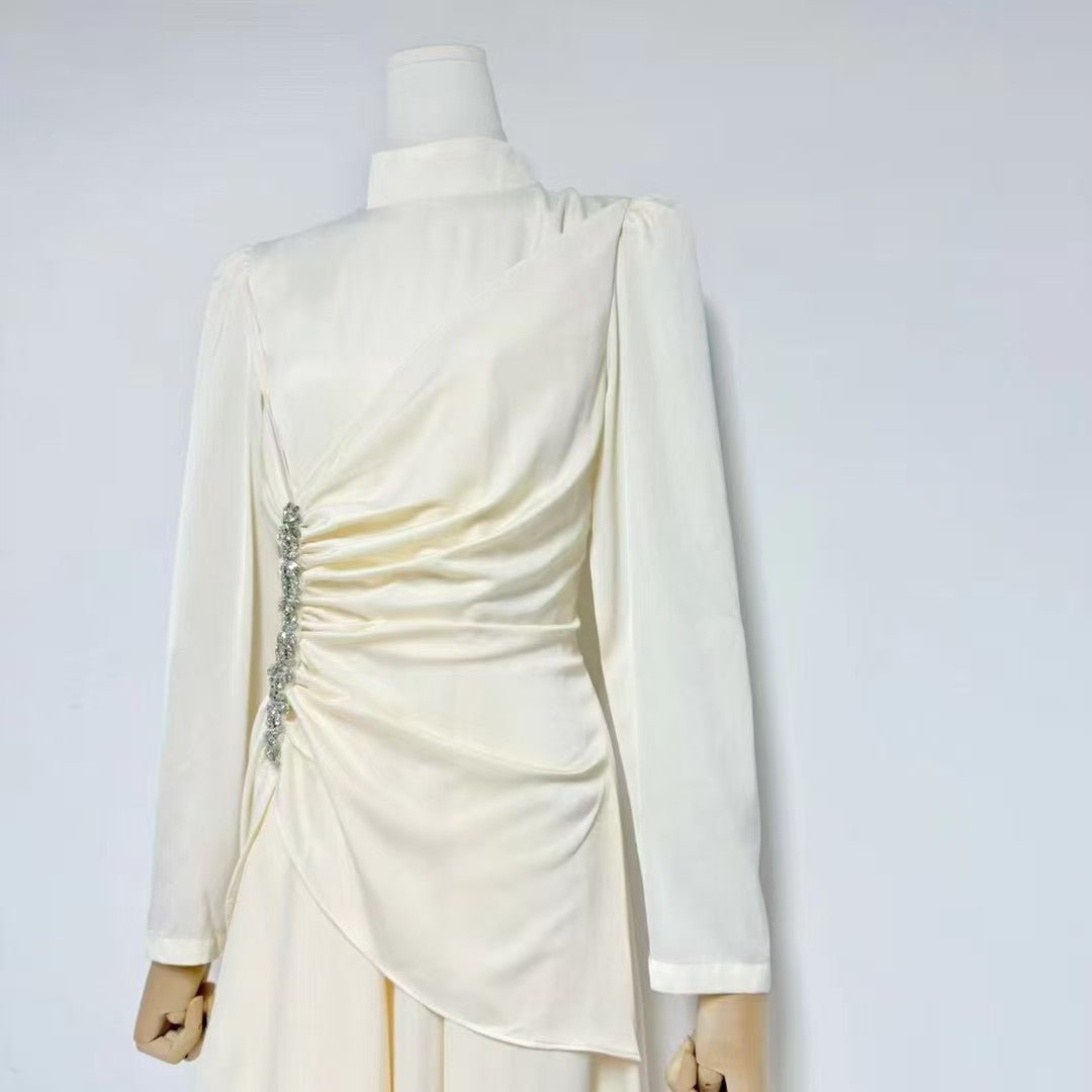 Crystal-Embellished Ruched Dress with Asymmetric Ruffle Skirt(MS346)