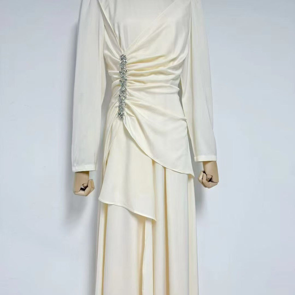 Crystal-Embellished Ruched Dress with Asymmetric Ruffle Skirt(MS346)