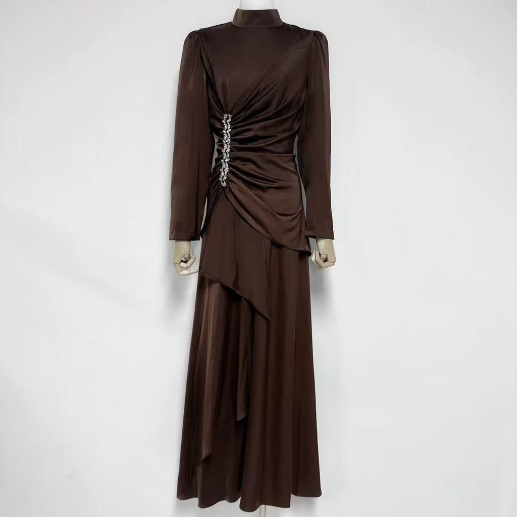 Crystal-Embellished Ruched Dress with Asymmetric Ruffle Skirt(MS346)