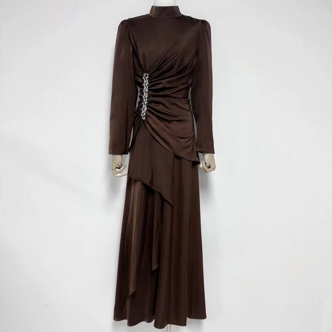 Crystal-Embellished Ruched Dress with Asymmetric Ruffle Skirt(MS346)