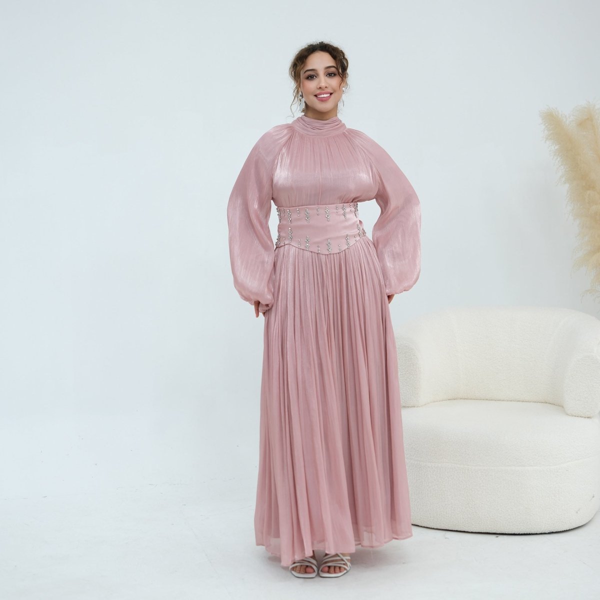 Crystal-Embellished Wide Belt Puff-Sleeve Maxi Dress(MS477)