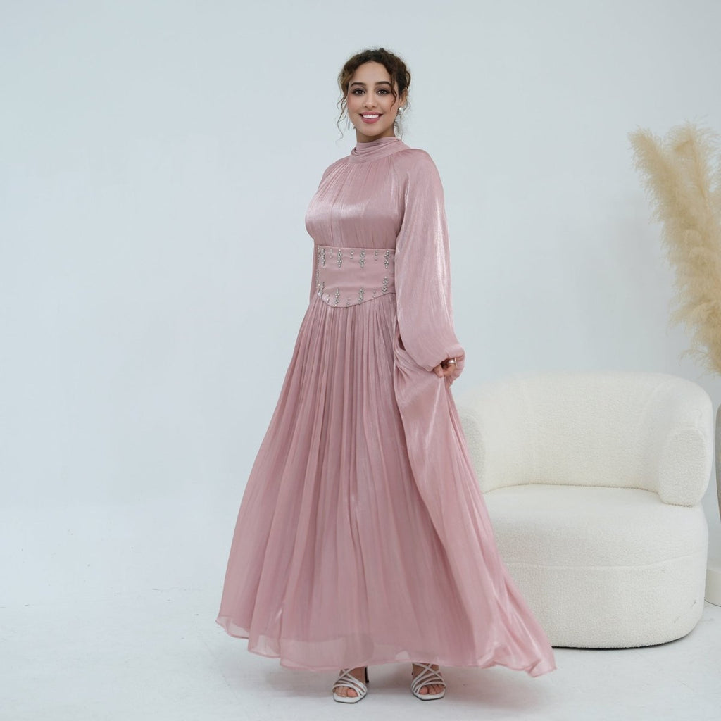 Crystal-Embellished Wide Belt Puff-Sleeve Maxi Dress(MS477)
