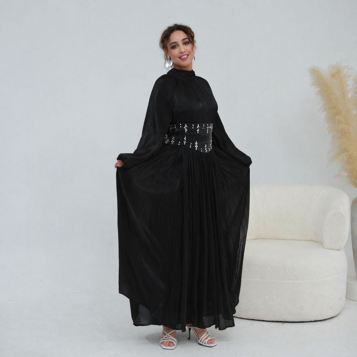 Crystal-Embellished Wide Belt Puff-Sleeve Maxi Dress(MS477)