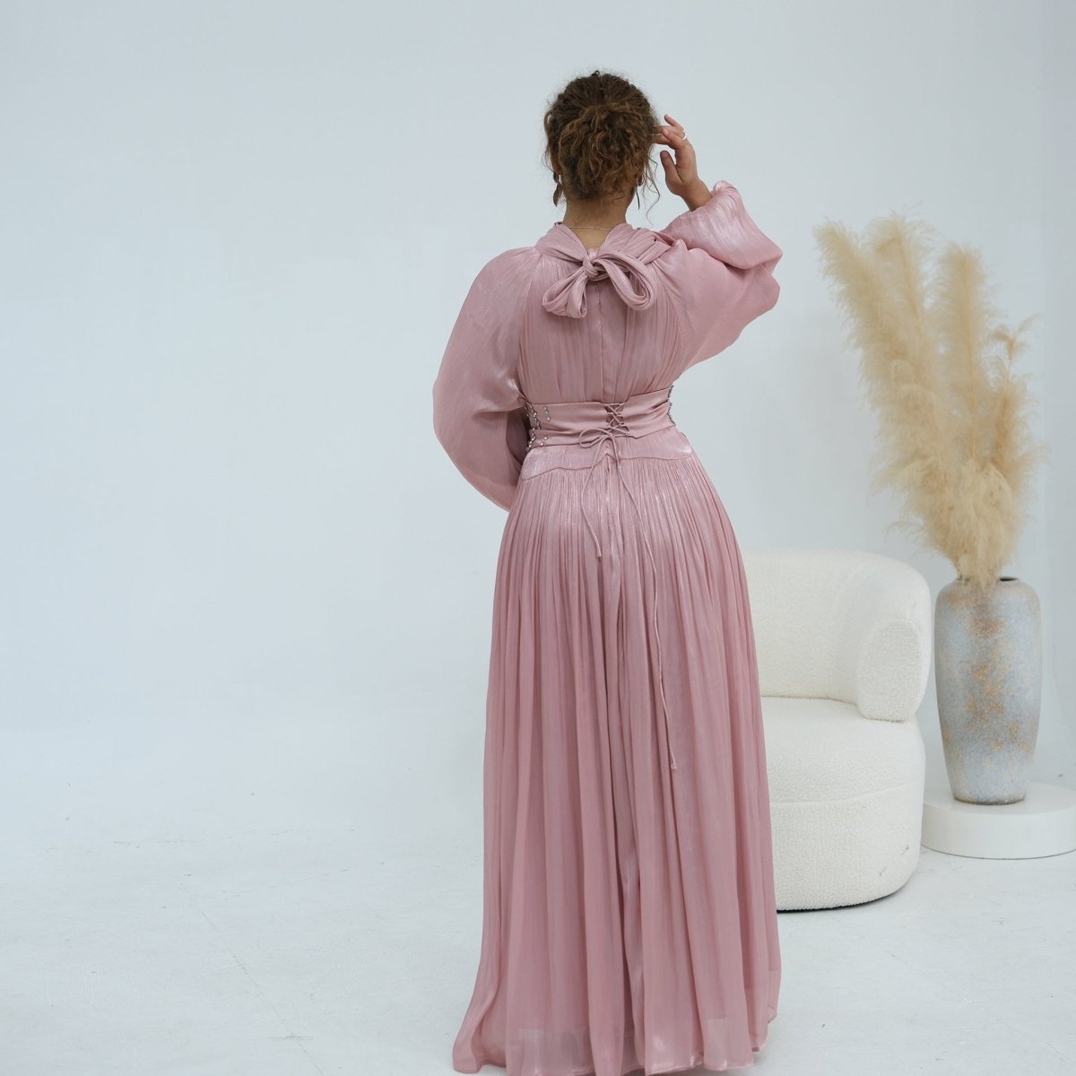 Crystal-Embellished Wide Belt Puff-Sleeve Maxi Dress(MS477)
