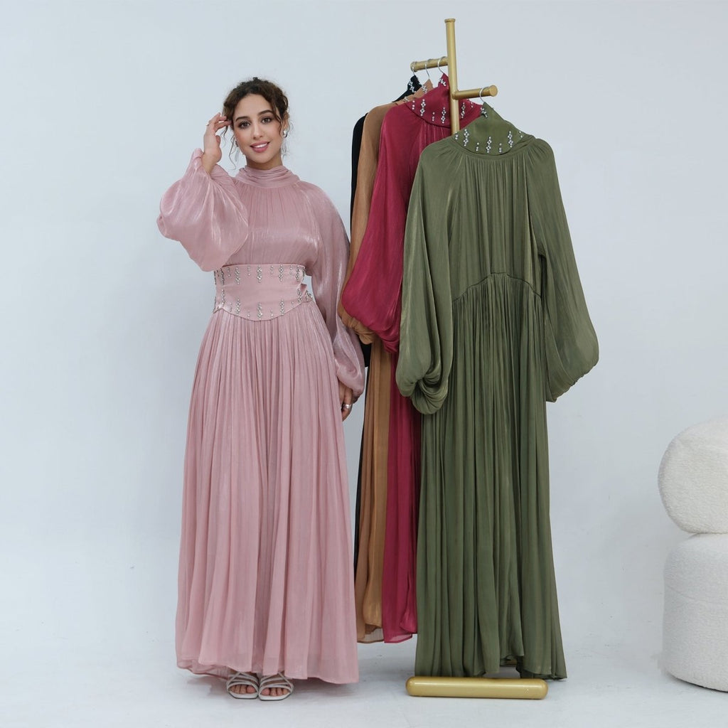 Crystal-Embellished Wide Belt Puff-Sleeve Maxi Dress(MS477)