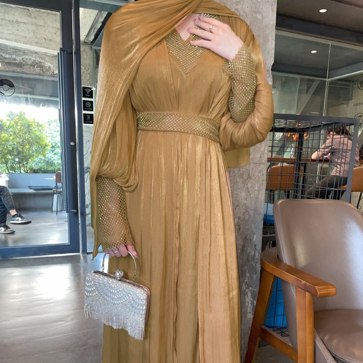 Crystal Mesh Embellished Abaya Set(MOA258)