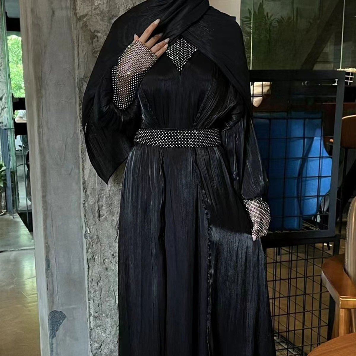 Crystal Mesh Embellished Abaya Set(MOA258)