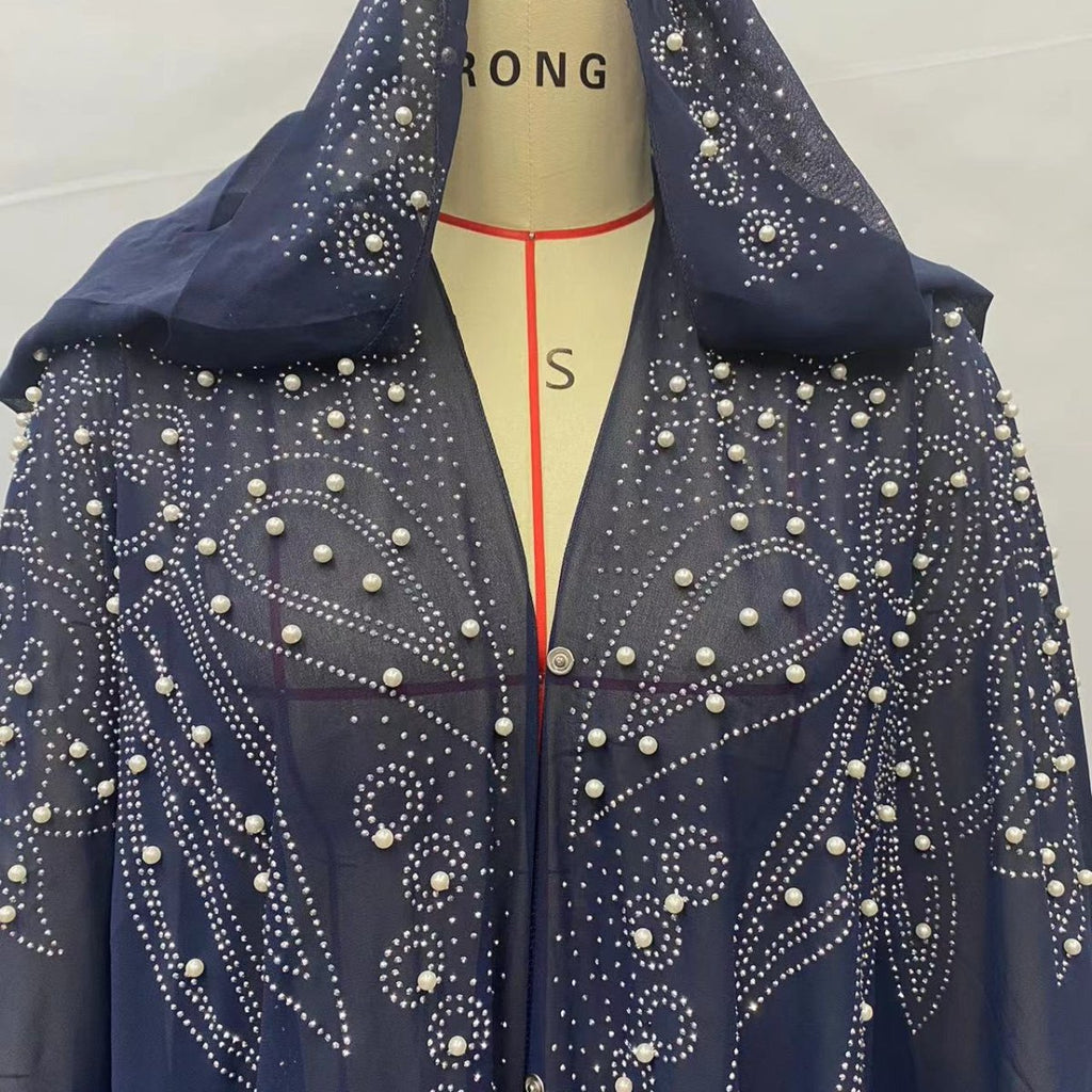 Crystal & Pearl Embellished Hooded Cape Abaya (MA366)