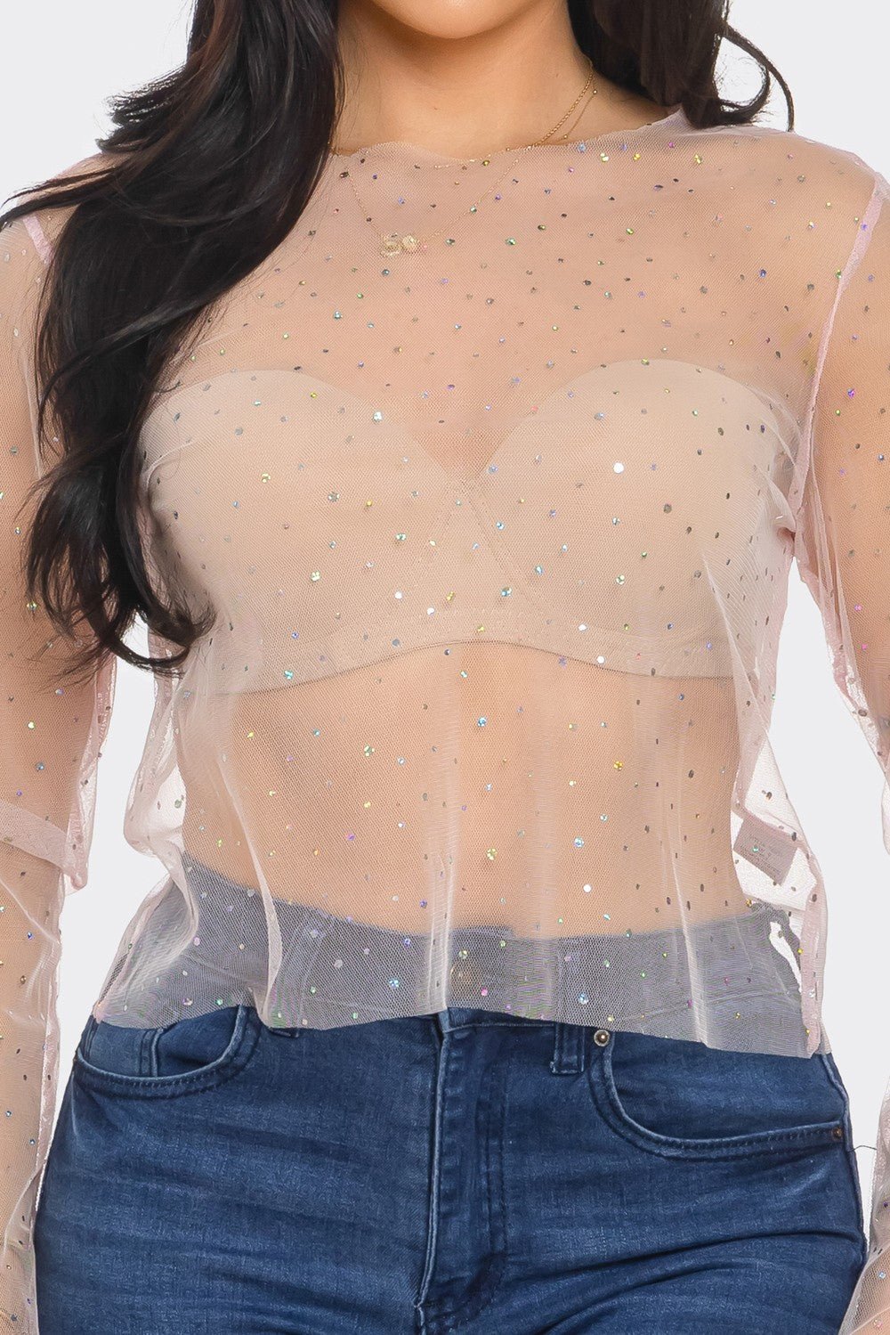 Crystal Studded Mesh Top – Rainbow Rhinestone Sheer Blouse