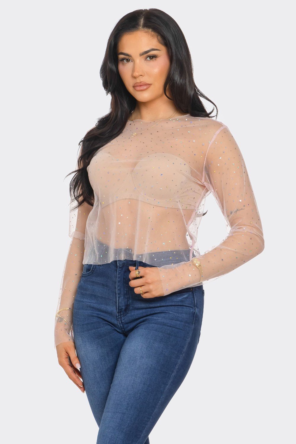 Crystal Studded Mesh Top – Rainbow Rhinestone Sheer Blouse