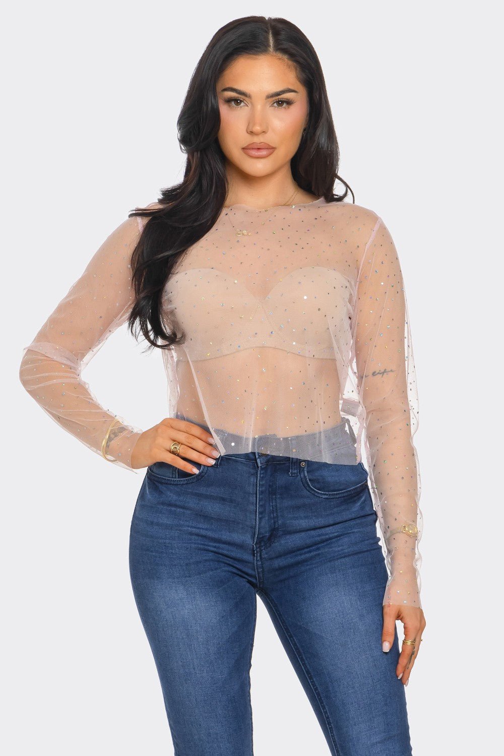 Crystal Studded Mesh Top – Rainbow Rhinestone Sheer Blouse