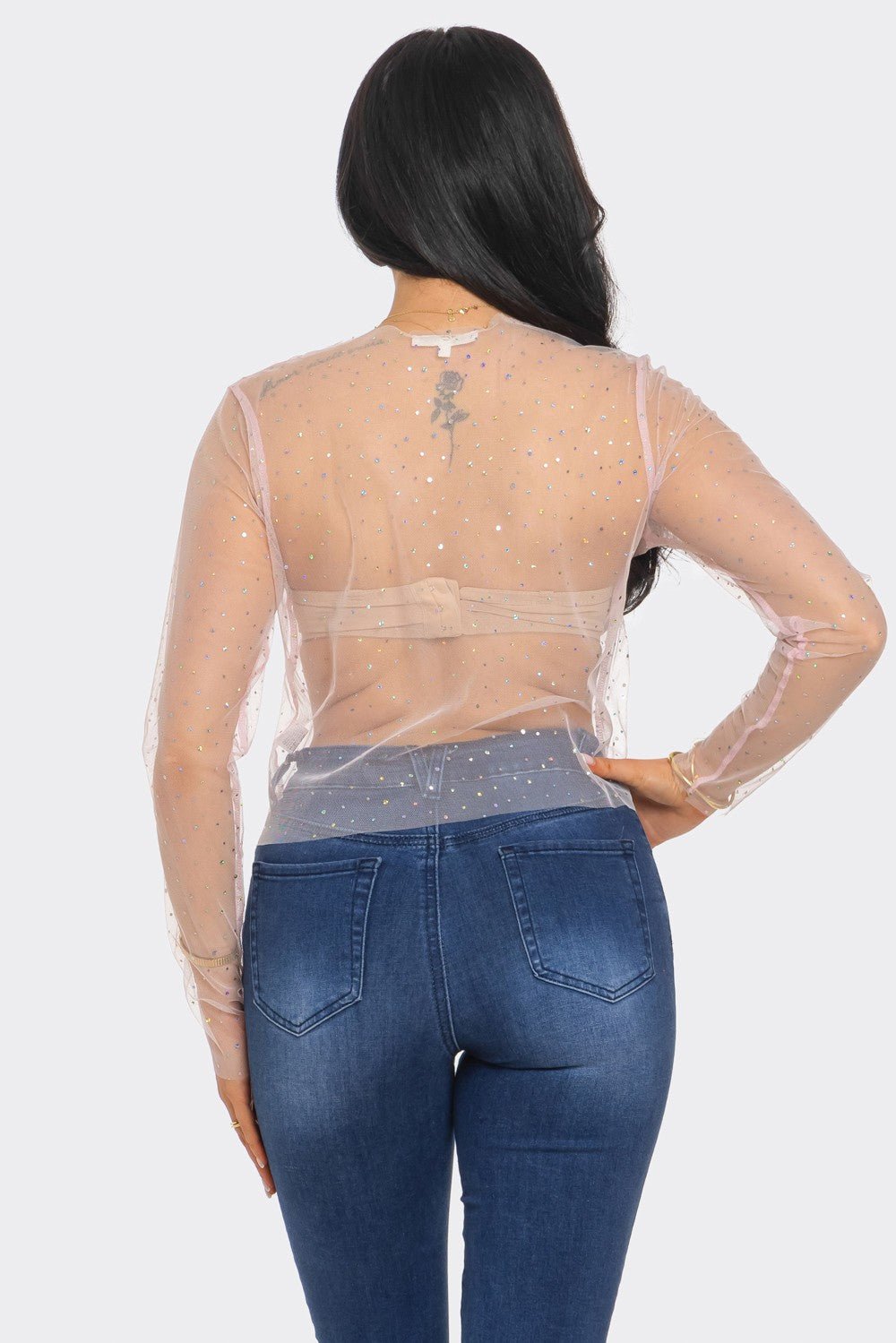 Crystal Studded Mesh Top – Rainbow Rhinestone Sheer Blouse