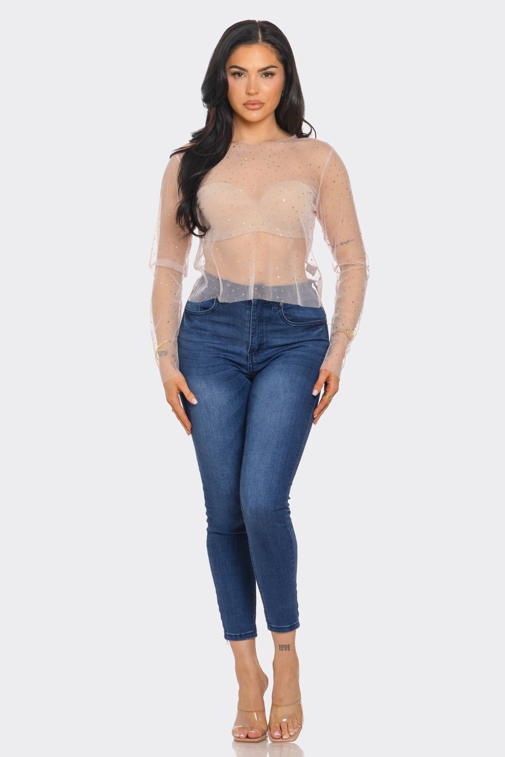 Crystal Studded Mesh Top – Rainbow Rhinestone Sheer Blouse