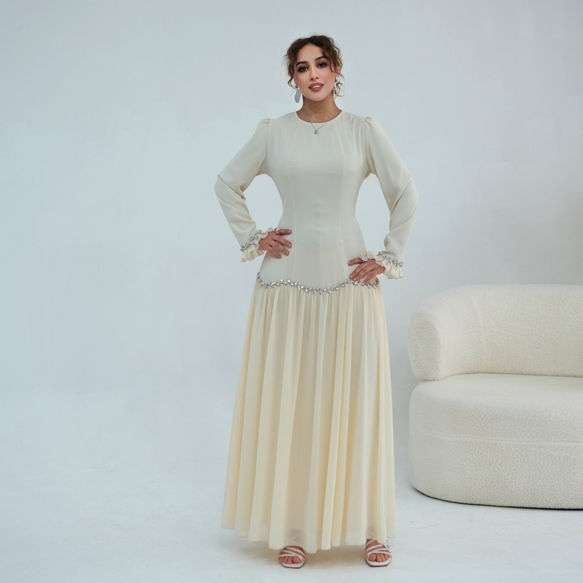 Crystal-Trim Ruffle Cuffs Maxi Dress(MS458)