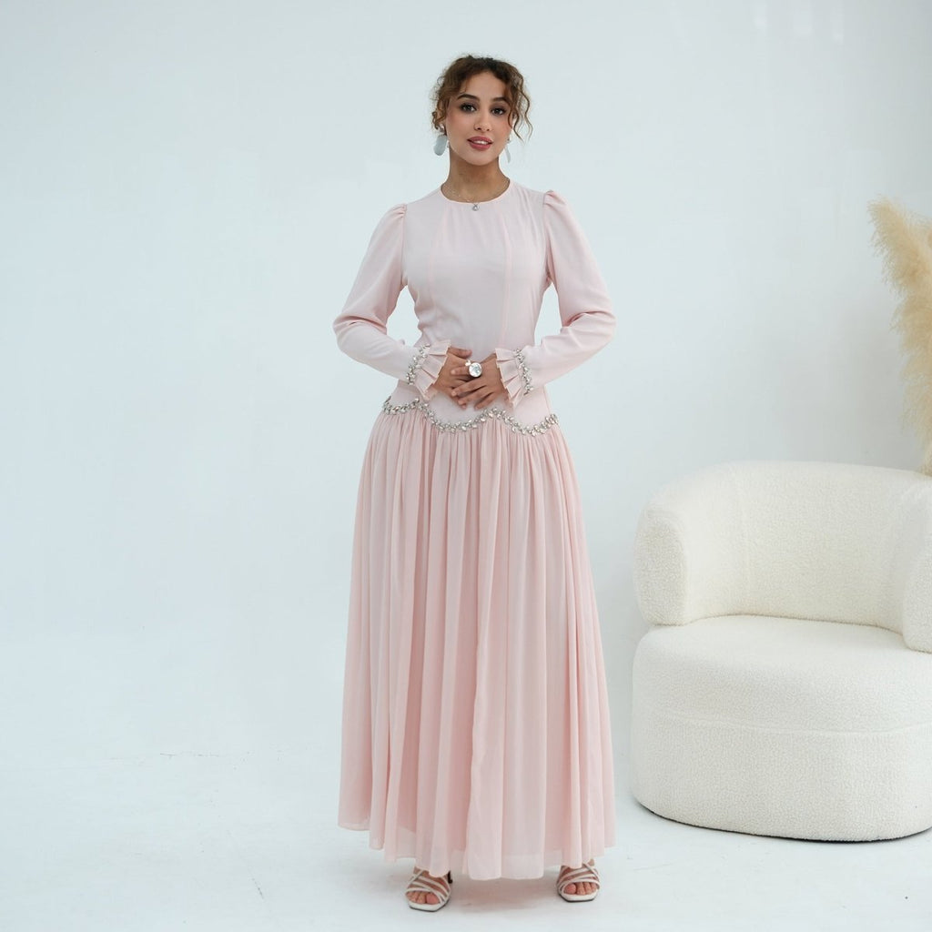 Crystal-Trim Ruffle Cuffs Maxi Dress(MS458)