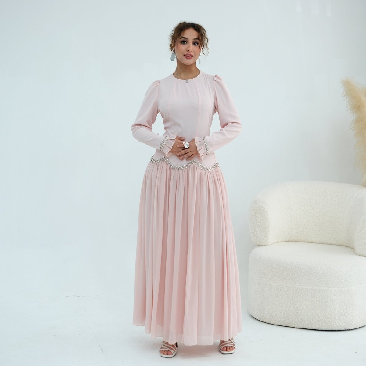 Crystal-Trim Ruffle Cuffs Maxi Dress(MS458)