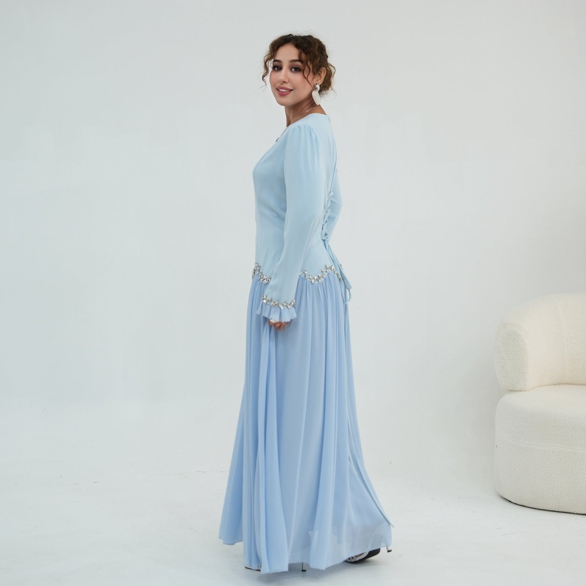 Crystal-Trim Ruffle Cuffs Maxi Dress(MS458)