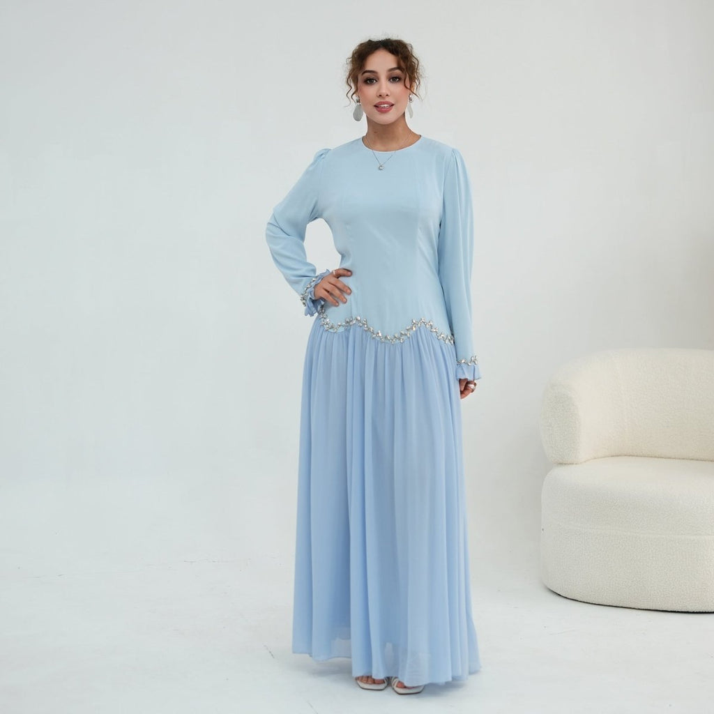 Crystal-Trim Ruffle Cuffs Maxi Dress(MS458)
